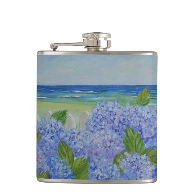 Hydrangeas By The Sea Hip Flask (Front)
