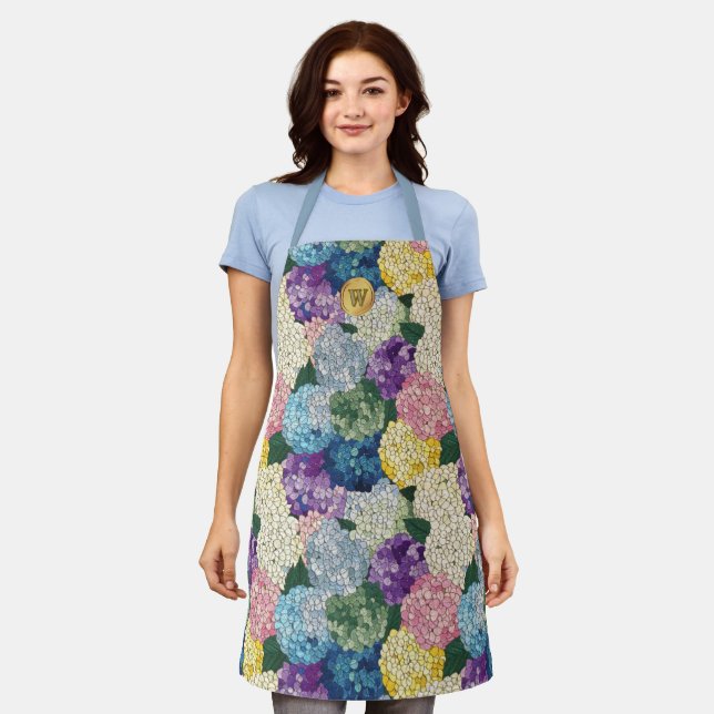 Hydrangeas Floral Faux Stained Glass Monogram Apron (Worn)
