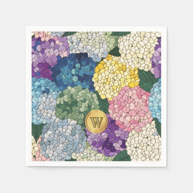 Hydrangeas Floral Faux Stained Glass Monogram Napkin (Front)