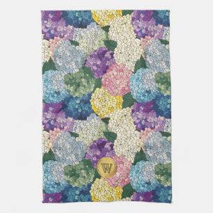 Hydrangeas Floral Faux Stained Glass Monogram Tea Towel