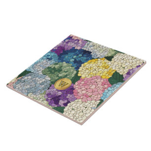 Hydrangeas Floral Faux Stained Glass Monogram Tile