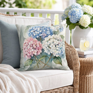 Hydrangeas Floral Pink Blue White Botanical Cushion