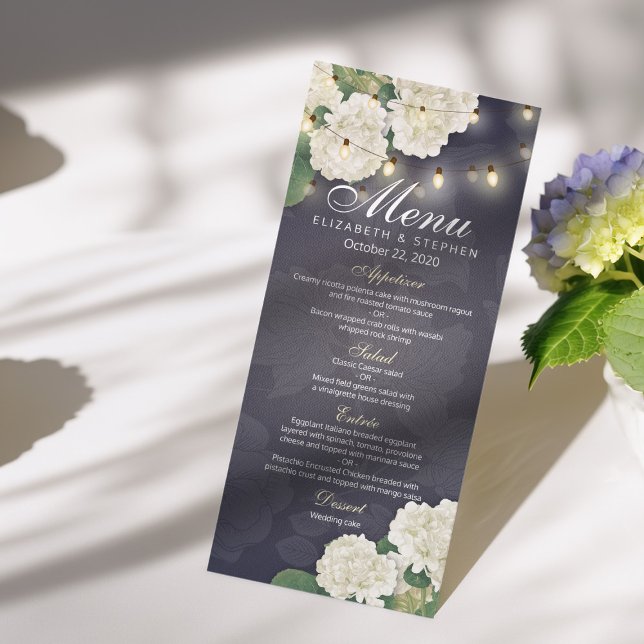 Hydrangeas Flowers String Lights Blue Wedding Menu (Creator Uploaded)