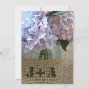 Hydrangeas In A Mason Jar With Burlap Wedding Invitation