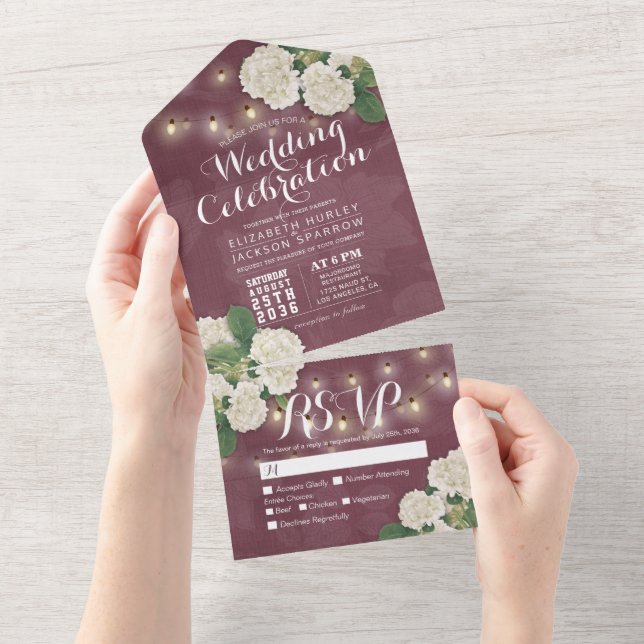 Hydrangeas String Lights Burgundy Red Wedding RSVP All In One Invitation (Tearaway)