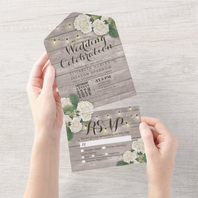 Hydrangeas String Lights Rustic Wood Wedding RSVP  All In One Invitation (Tearaway)