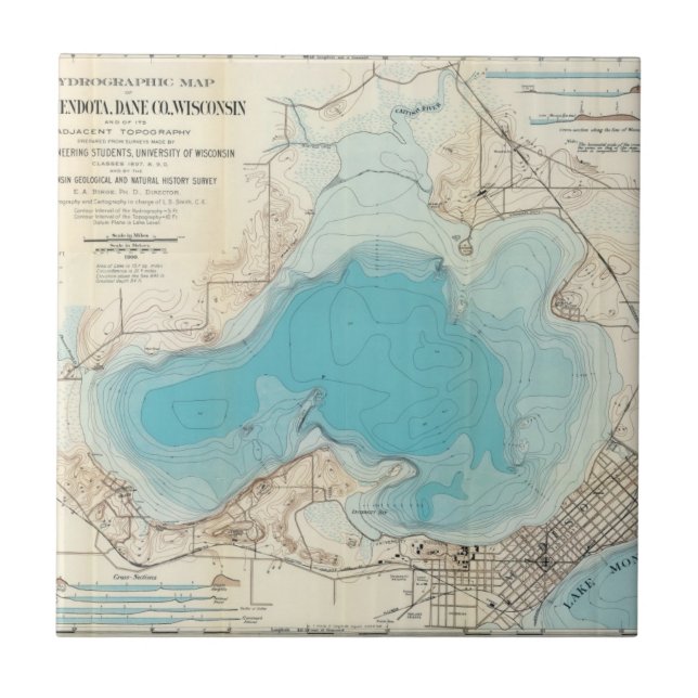 Hydrographic map Lake Mendota Tile (Front)