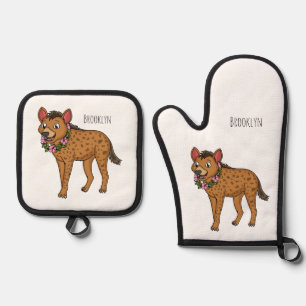 Hyena and flowers cartoon illustration oven mitt & pot holder set