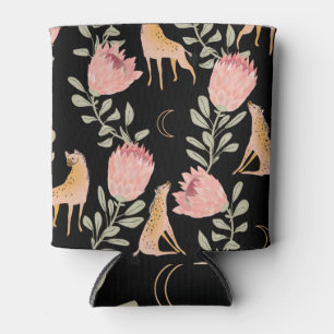 Hyena & Protea: Black Background Seamless Can Cooler