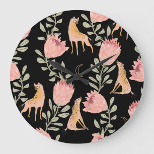 Hyena & Protea: Black Background Seamless Large Clock