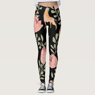 Hyena & Protea: Black Background Seamless Leggings