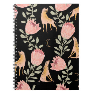 Hyena & Protea: Black Background Seamless Notebook