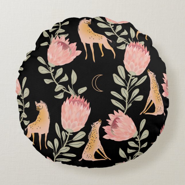 Hyena & Protea: Black Background Seamless Round Cushion (Front)