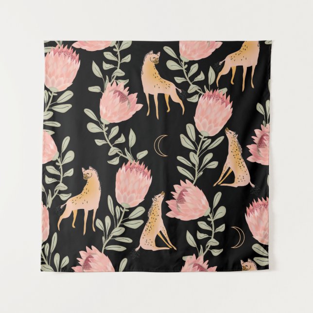 Hyena & Protea: Black Background Seamless Tapestry (Front)
