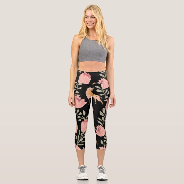 Hyena & Protea: Dark Vintage Pattern Capri Leggings (Front)