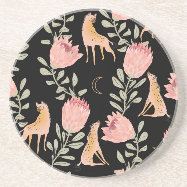 Hyena & Protea: Dark Vintage Pattern Coaster (Front)