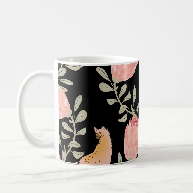 Hyena & Protea: Dark Vintage Pattern Coffee Mug (Left)