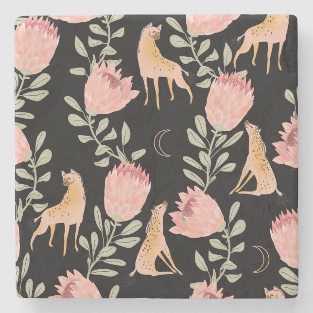 Hyena & Protea: Dark Vintage Pattern Stone Coaster (Front)