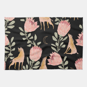 Hyena & Protea: Dark Vintage Pattern Tea Towel