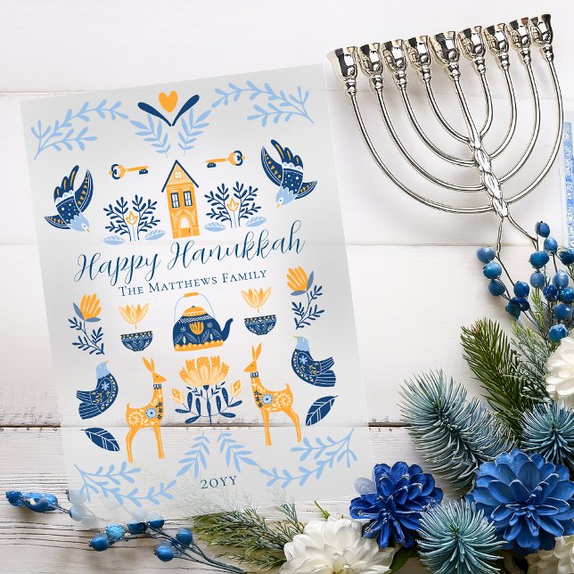 Hygge Blue | Yellow Unique Happy Hanukkah Acrylic Invitations (Hygge Style Blue and Golden Yellow Unique "Happy Hanukkah" Acrylic Greeting Card)