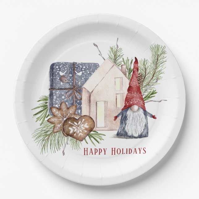 Hygge Christmas Cute Gnome Nordic Holidays Name Paper Plate (Front)