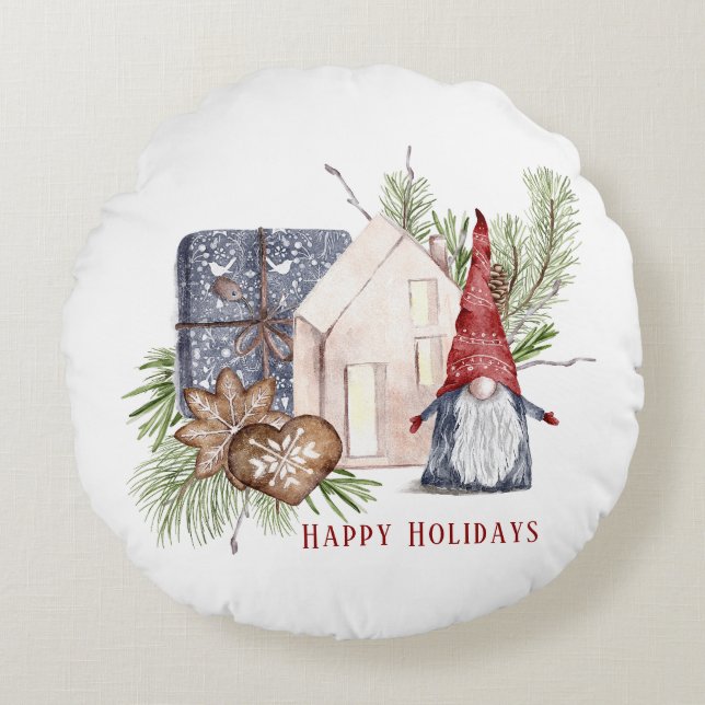 Hygge Christmas Cute Gnome Nordic Holidays Round Cushion (Front)