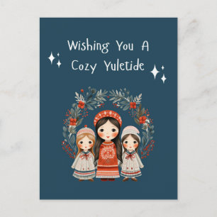 Hygge Christmas Mother and Daughters Wreath Holiday Postcard