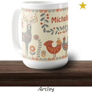 Hygge Folk Art Animals Custom Name  Coffee Mug