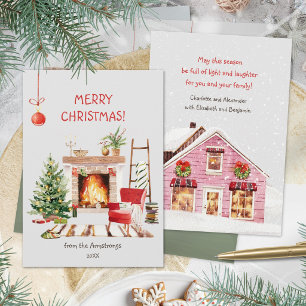 Hygge Watercolor Fireplace Living Room Christmas Holiday Card