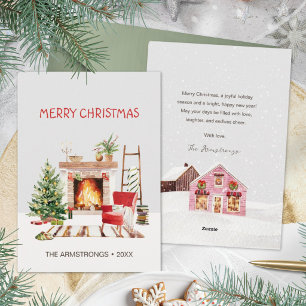 Hygge Watercolor Fireplace Living Room Christmas Holiday Card
