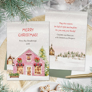Hygge Watercolor Pink Cottage Winter Christmas Holiday Card