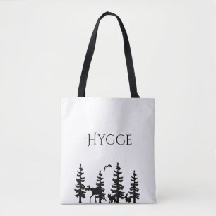 Hygge with cartoon trees and animals in black tote bag