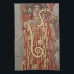 Hygieia by Gustav Klimt, Vintage Art Nouveau Tea Towel<br><div class="desc">Hygieia (c. 1901) by Gustav Klimt is a vintage Victorian Era Symbolism painting featuring the Greek goddess of hygiene, health, cleanliness, and sanitation along with the Aesculapian snake around her arm and the cup of Lethe in her hand. Hygieia is part of one of three paintings known as “The Faculty...</div>