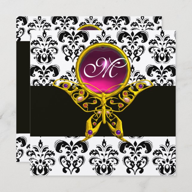 HYPER BUTTERFLY MONOGRAM,black white damask, pink Invitation (Front/Back)