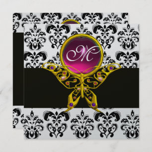 HYPER BUTTERFLY MONOGRAM,black white damask, pink Invitation