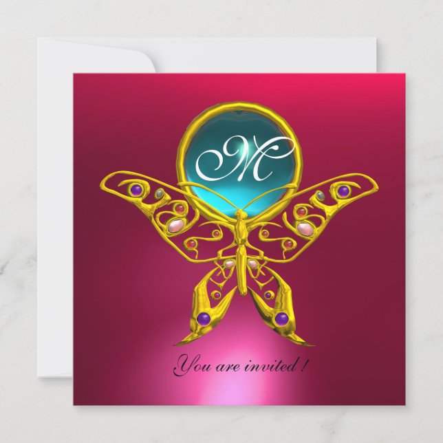 HYPER BUTTERFLY MONOGRAM,blue,aquamarine pink red Invitation (Front)
