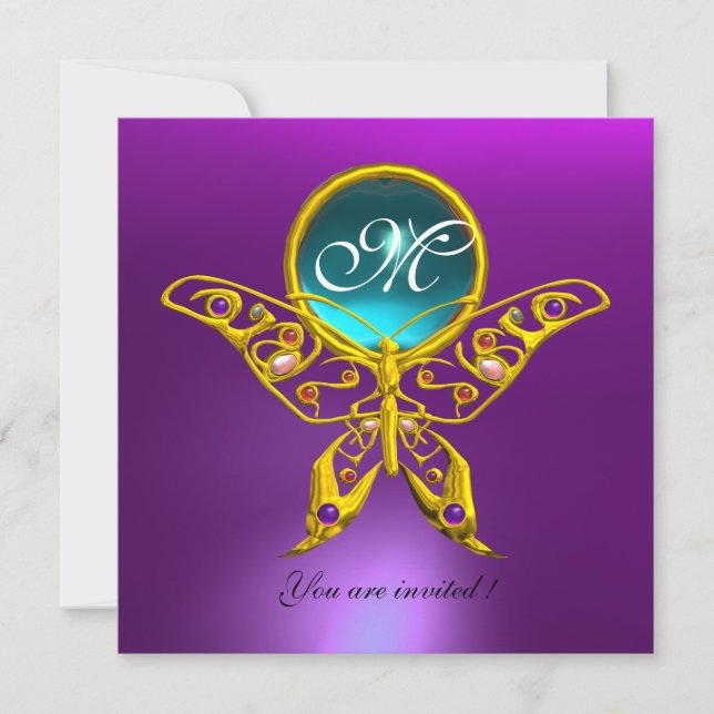 HYPER BUTTERFLY MONOGRAM,blue,aquamarine purple Invitation (Front)