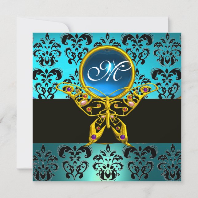 HYPER BUTTERFLY MONOGRAM,blue damask sapphire Invitation (Front)