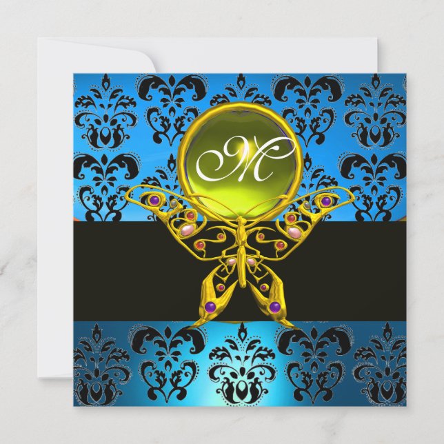 HYPER BUTTERFLY MONOGRAM,blue damask, yellow gem Invitation (Front)