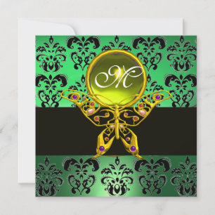 HYPER BUTTERFLY MONOGRAM,green damask, yellow gem Invitation