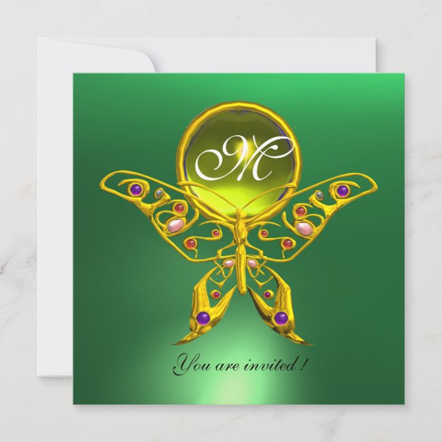 HYPER BUTTERFLY MONOGRAM, green ,yellow topaz Invitation (Front)