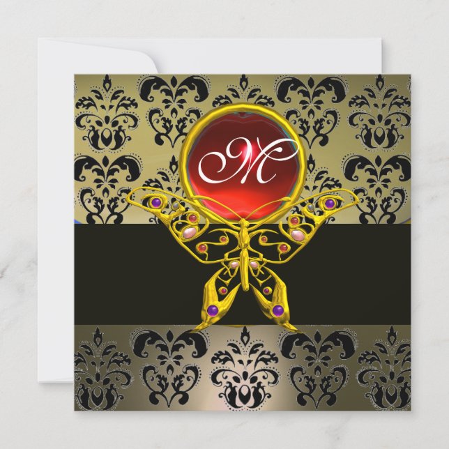 HYPER BUTTERFLY MONOGRAM,grey damask red ruby Invitation (Front)