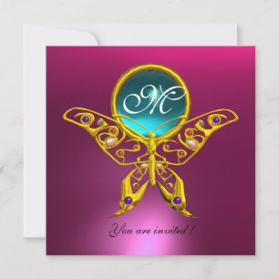 HYPER BUTTERFLY MONOGRAM, pink blue,aquamarine Invitation
