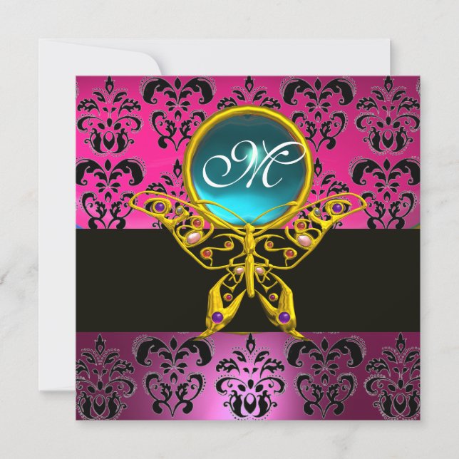 HYPER BUTTERFLY MONOGRAM,pink purple damask blue Invitation (Front)