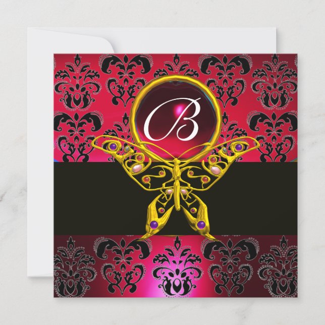 HYPER BUTTERFLY MONOGRAM Red Burgundy Damask Gem Invitation (Front)