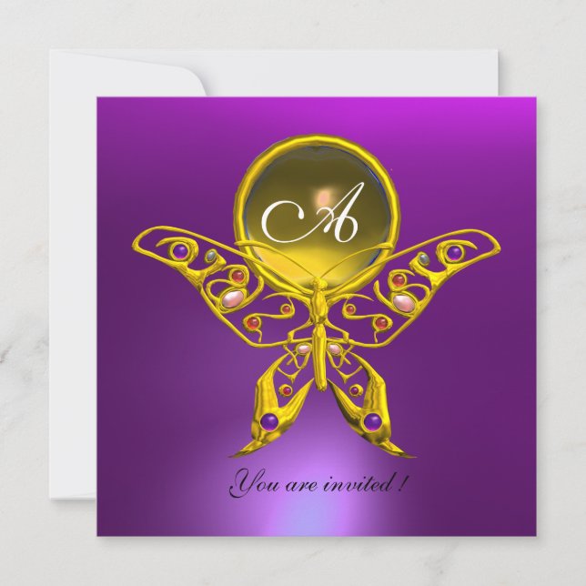 HYPER BUTTERFLY MONOGRAM,yellow topaz ,purple Invitation (Front)