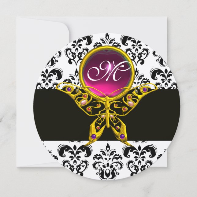 HYPER BUTTERFLY PINK MONOGRAM,black white damask Invitation (Front)