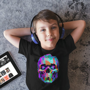 Hyper Colour Death Mask Style Kid's Black Skull  T-Shirt