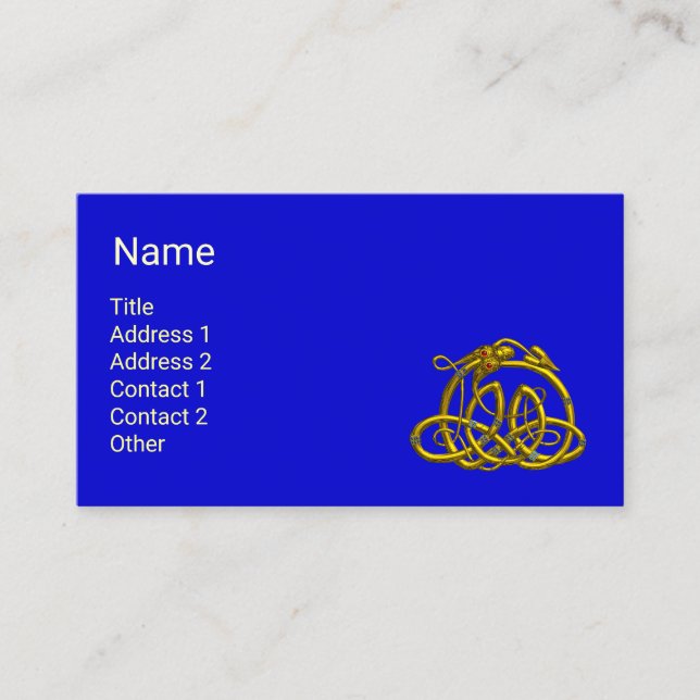 HYPER DRAGON WITH GOLD CELTIC KNOTS Blue Fantasy Business Card (Front)