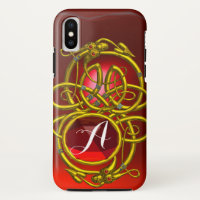 HYPER DRAGONS,GOLD CELTIC KNOTS Red Ruby Monogram